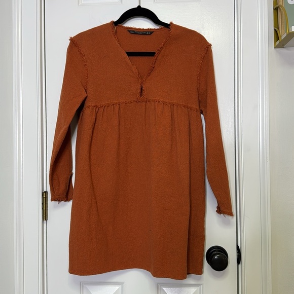 Zara Burnt Orange Tunic Dress with frayed hems size medium NWOT - Picture 2 of 10